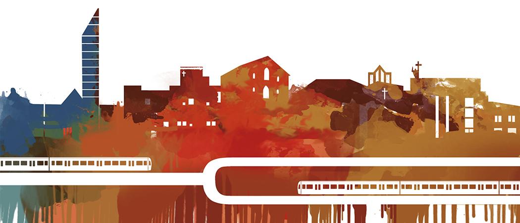 Piirretty kuva jossa puita, vettä, metroja ja itä-helsinkiläisiä kirkkoja.